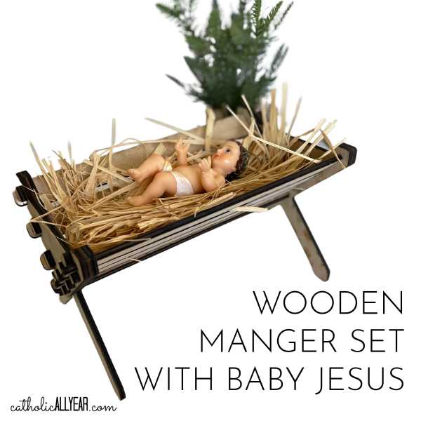 Wooden Manger Set with Baby Jesus Catholic All Year